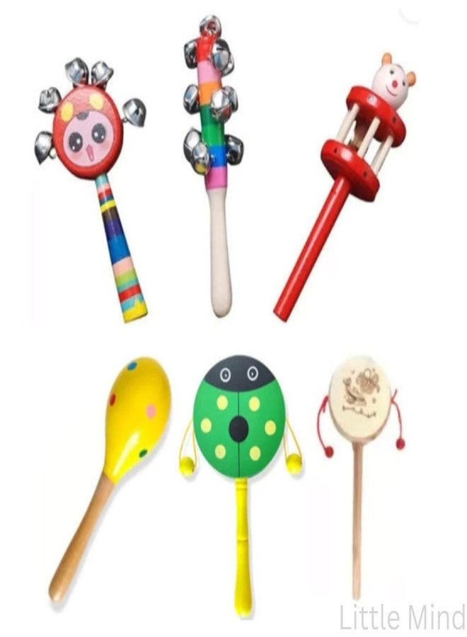 Little Mind Colourful Wooden Baby Rattle Toy - Hand Crafted Rattle Set for Kids - Musical Toy for Newly Born - Pack of 6 - Image 1